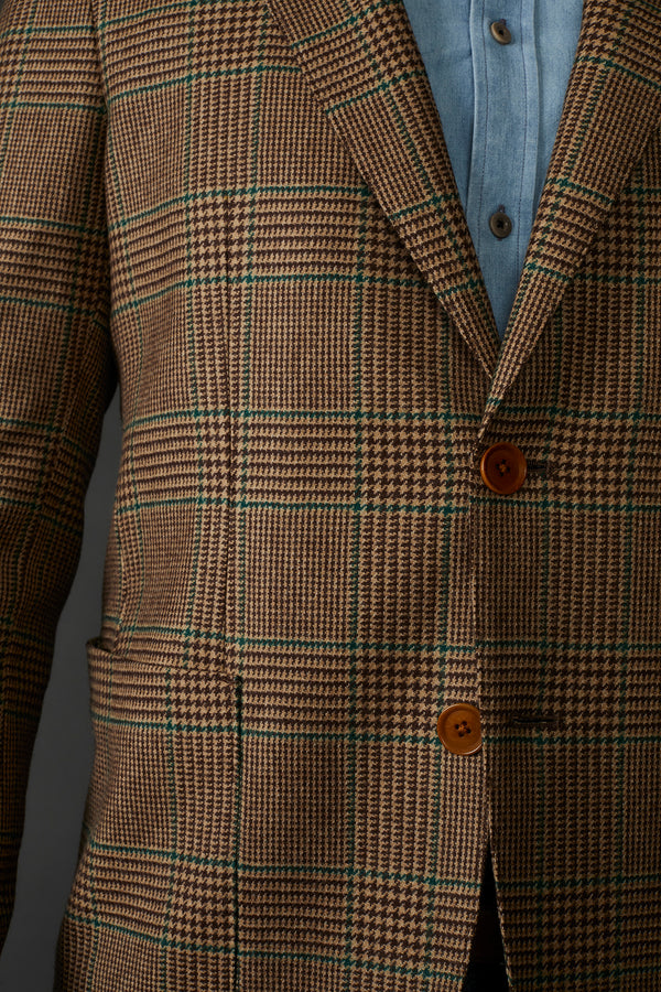 Oliver Check Blazer in British Wool Cashmere in Brown/Tan with Green Accent