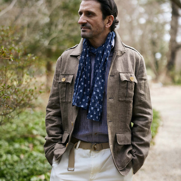 Safari Jacket in Linen Dark Indigo, Men's Shirt Jacket