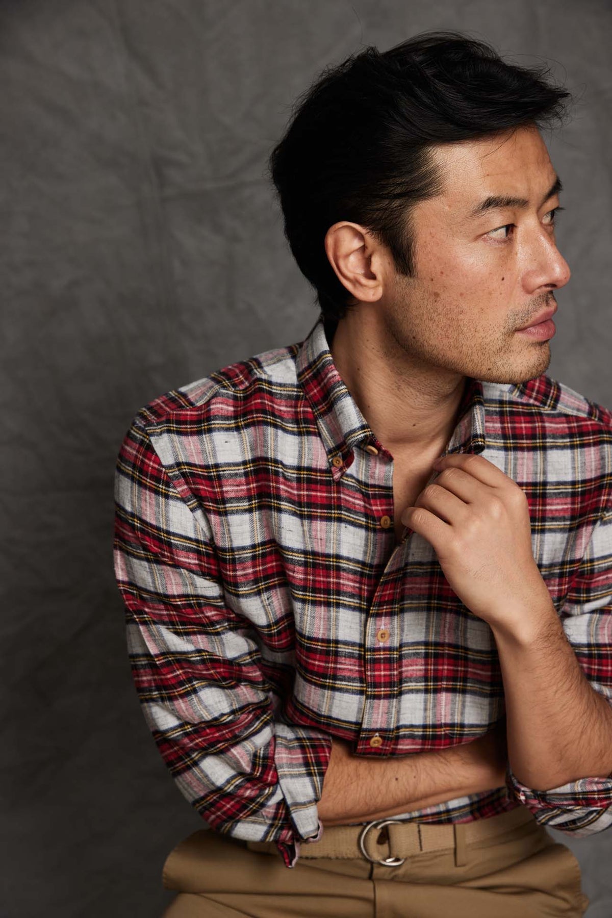 【IONSEOUL】S Linen Check Half Shirt 4JH207 Linen Home Short Sleeve Henley Shirt – onia