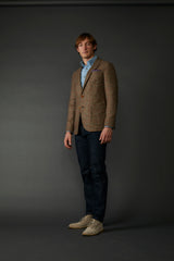Oliver Check Blazer in British Wool Cashmere in Brown/Tan with Green Accent