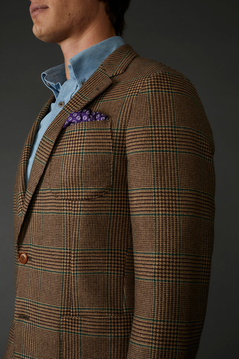 Oliver Check Blazer in British Wool Cashmere in Brown/Tan with Green Accent