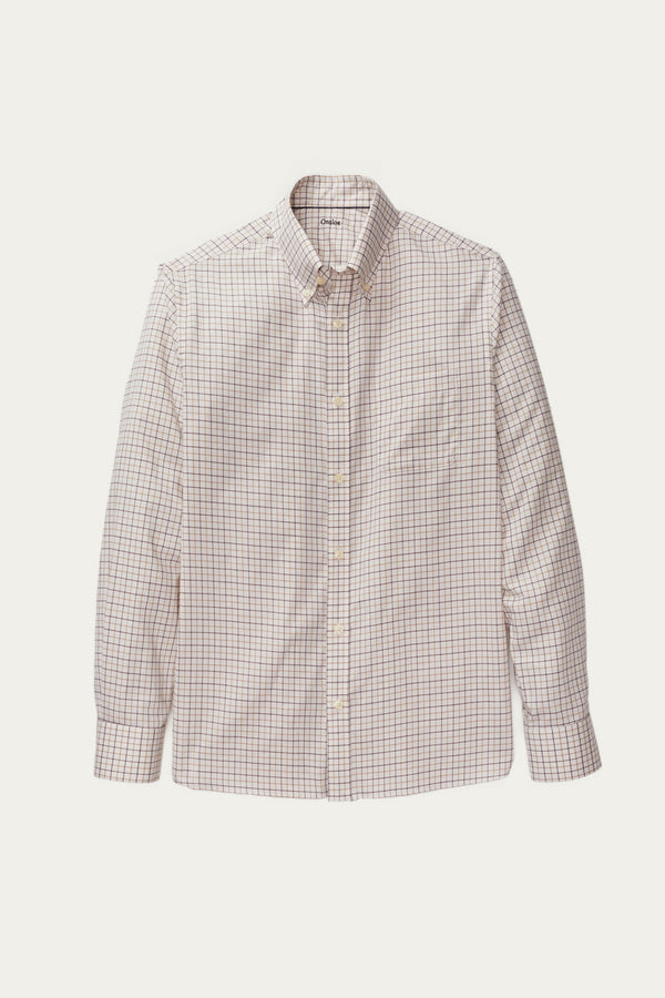 Allenby Woven Twill Shirt in Off-White with Brown and Tan Check