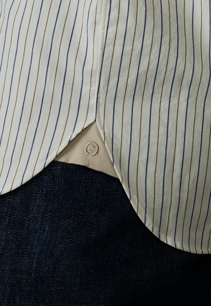 Allenby Woven Poplin Shirt in Off-White with Brown and Navy Stripes