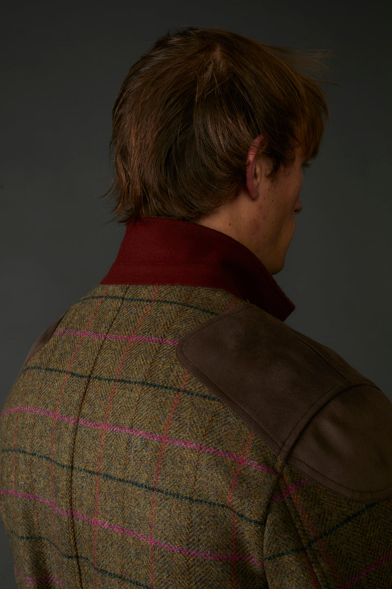 Fletcher British Wool Tweed Hunting Coat in Moss with Navy/Red/Purple Accents