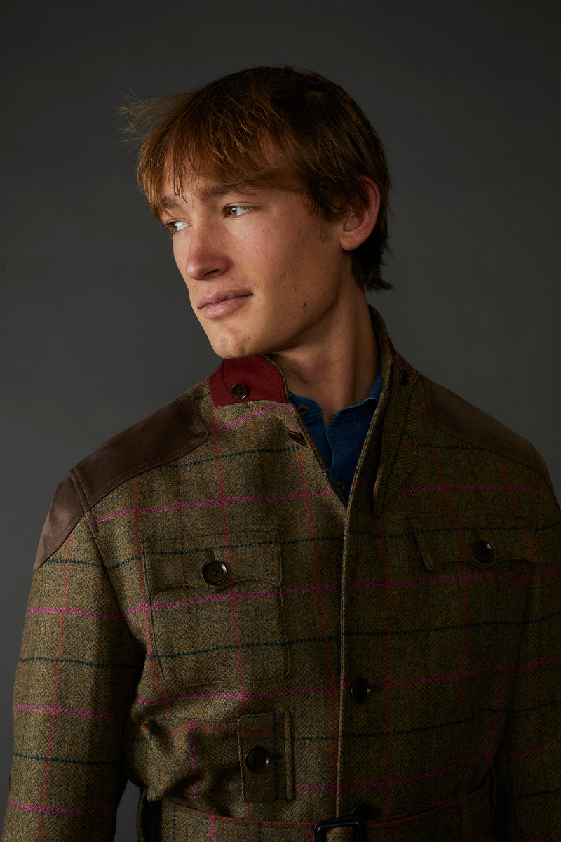 Fletcher British Wool Tweed Hunting Coat in Moss with Navy/Red/Purple Accents