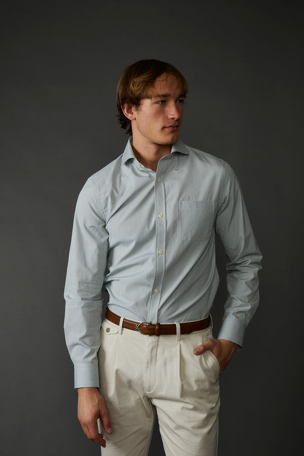 Allenby Woven Shirt in White with Green Fine Stripes