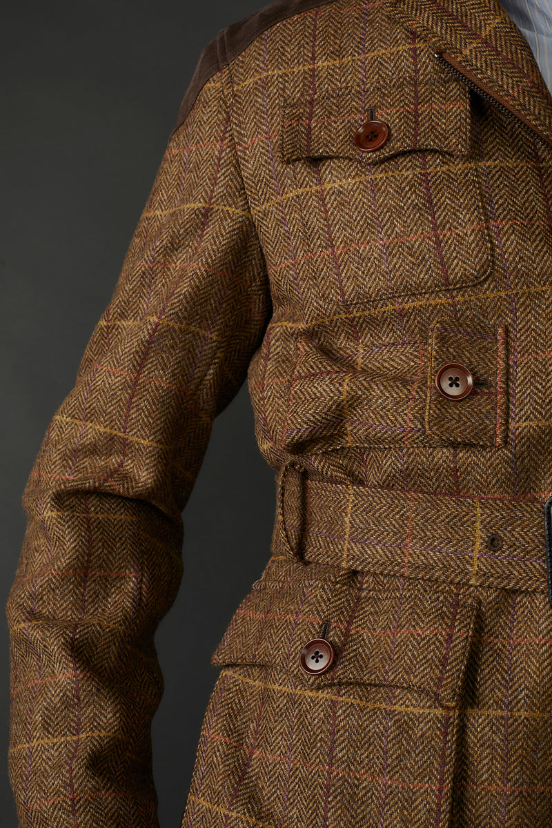 Fletcher British Wool Tweed Coat in Brown/Tan with Yellow/Purple Accents