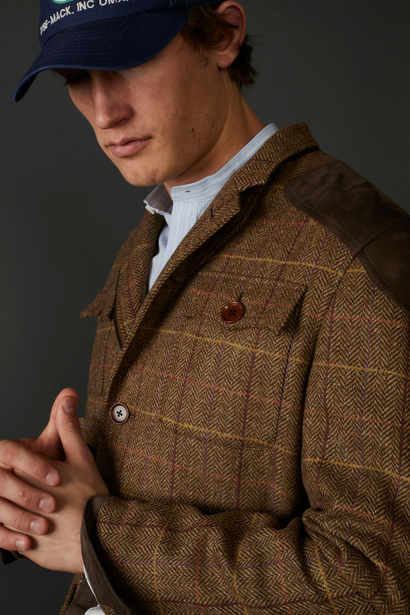 Fletcher British Wool Tweed Coat in Brown/Tan with Yellow/Purple Accents