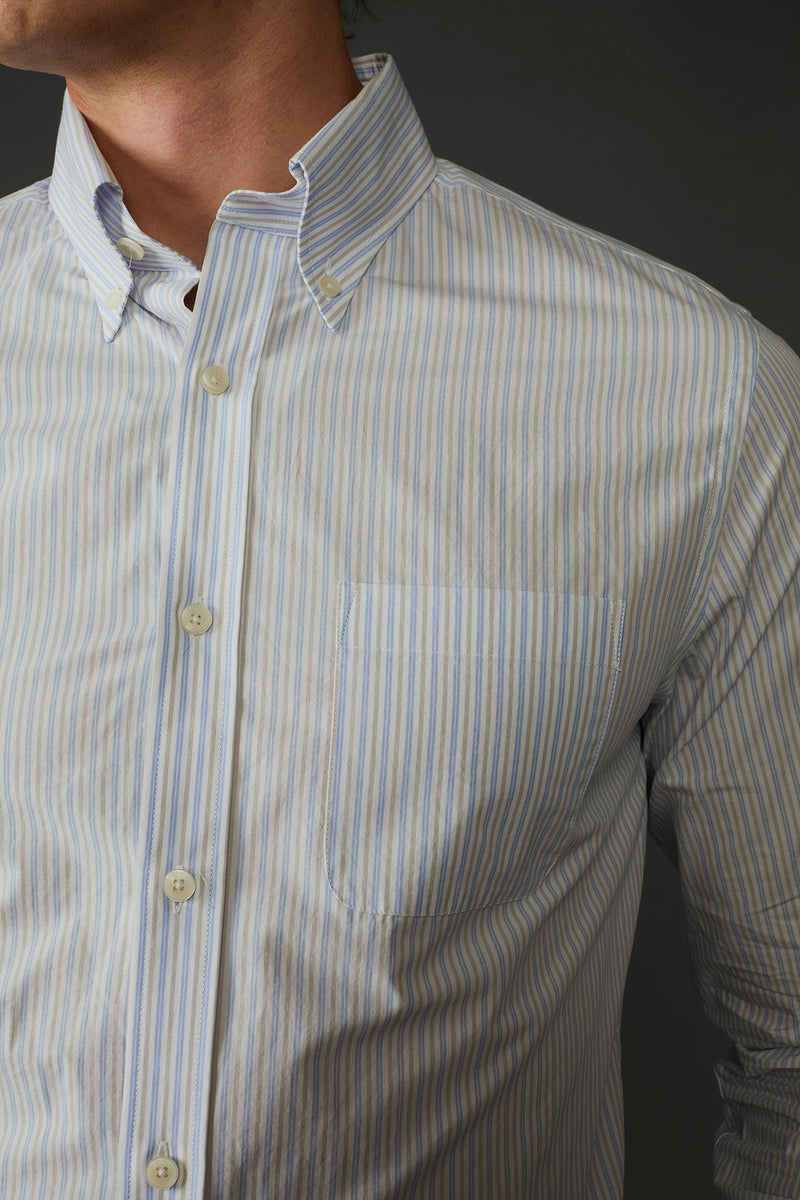 Allenby Woven Poplin Shirt in Grey with light Blue Stripes