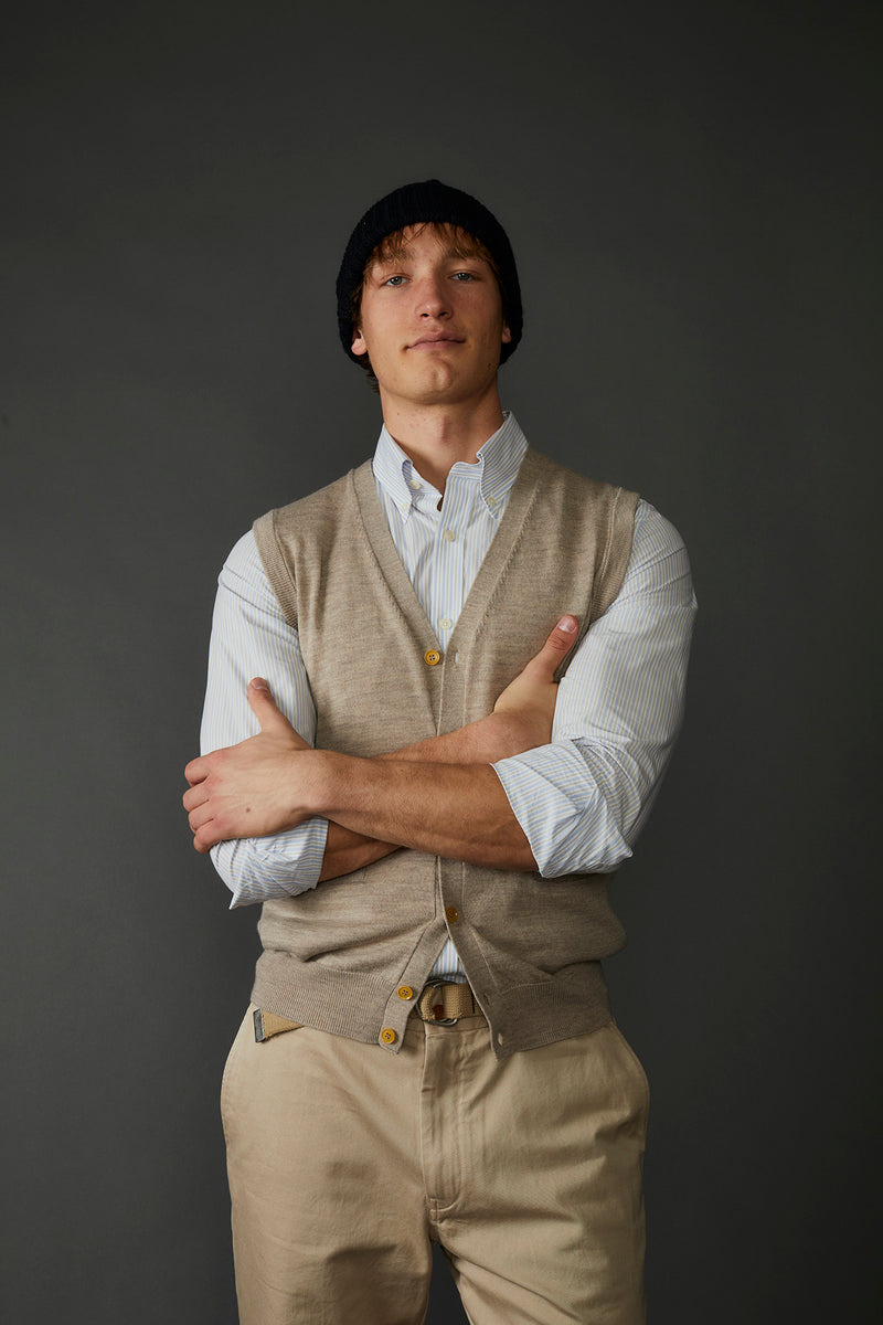 McClellan Fine Merino Wool Cardigan Vest in Heather Beige