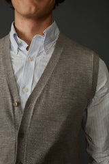 McClellan Fine Merino Wool Cardigan Vest in Light Khaki Heather