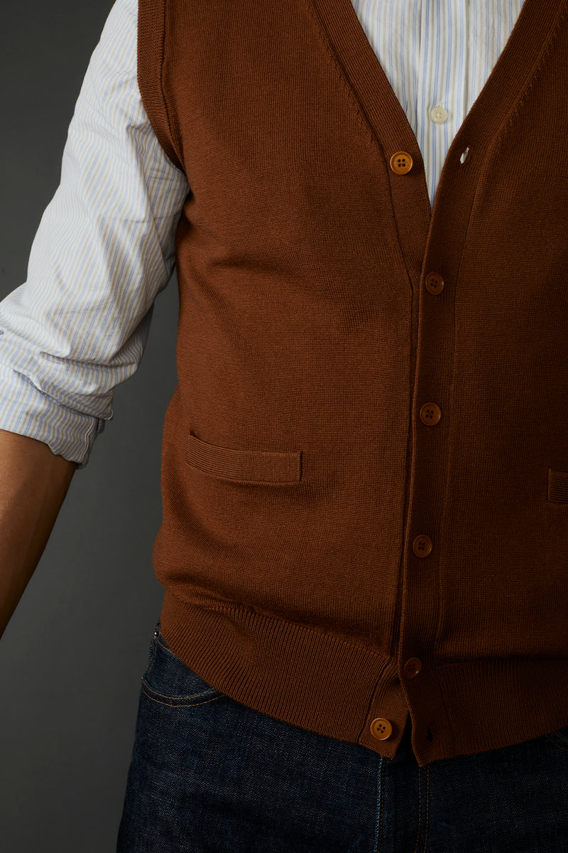 McClellan Fine Merino Wool Cardigan Vest in Dark Cinnamon
