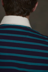 Caspian Rugby Sweater in Navy & Aqua Stripe