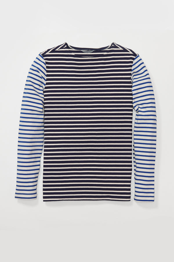 Kenner Long Sleeve Boat Neck Shirt in Navy and Cream Color Block