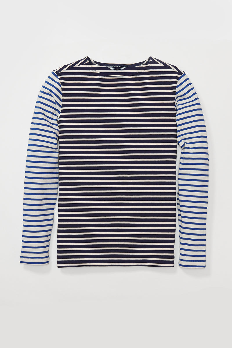 Kenner Long Sleeve Boat Neck Shirt in Navy and Cream Color Block