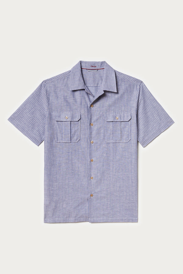 Drake Short Sleeve Linen Stripe Shirt in Blue Stripe