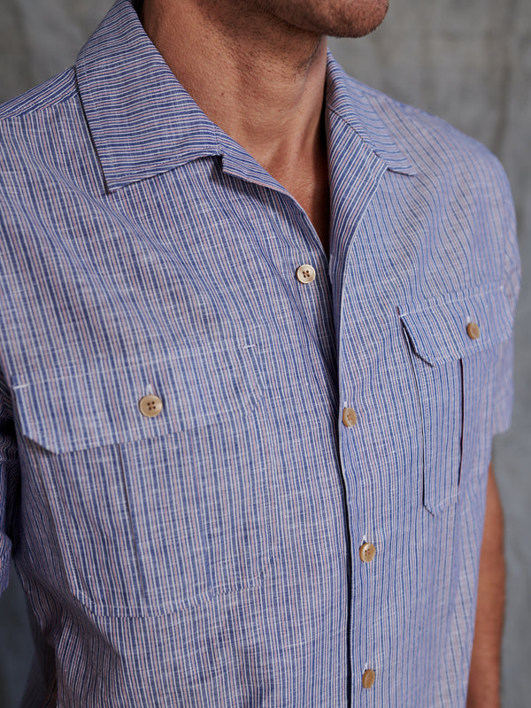 Drake Short Sleeve Linen Stripe Shirt in Blue Stripe