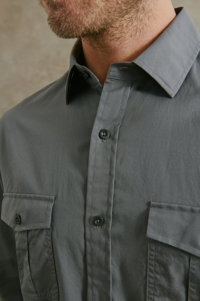 Eldridge Cotton Sateen Military Shirt in Grey