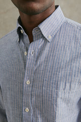 Fahm Linen Shirt in Blue & Red Stripe