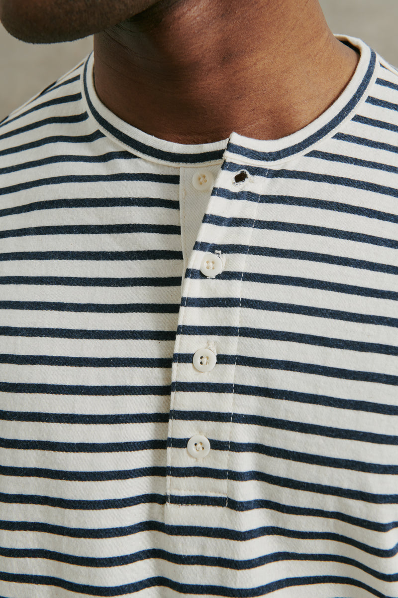 Marrero Long Sleeve Henley Shirt in White and Navy