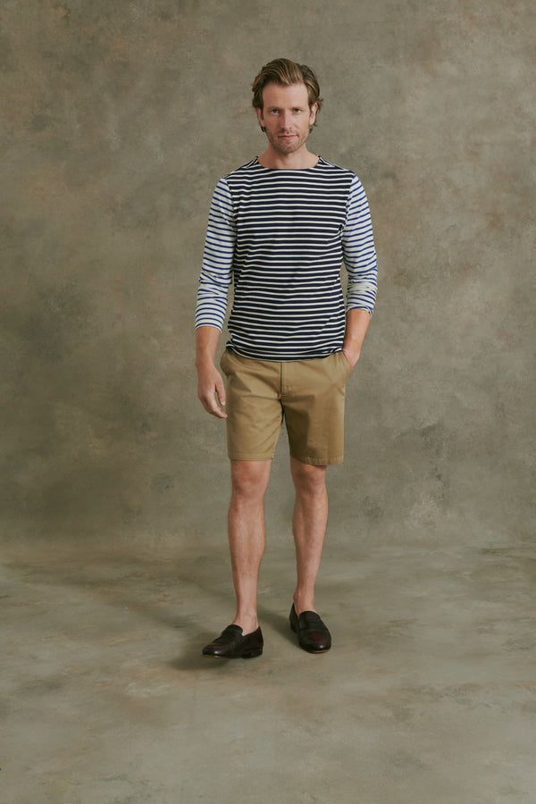 Kenner Long Sleeve Boat Neck Shirt in Navy and Cream Color Block