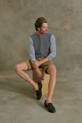Kenner Long Sleeve Boat Neck Shirt in Navy and Cream Color Block