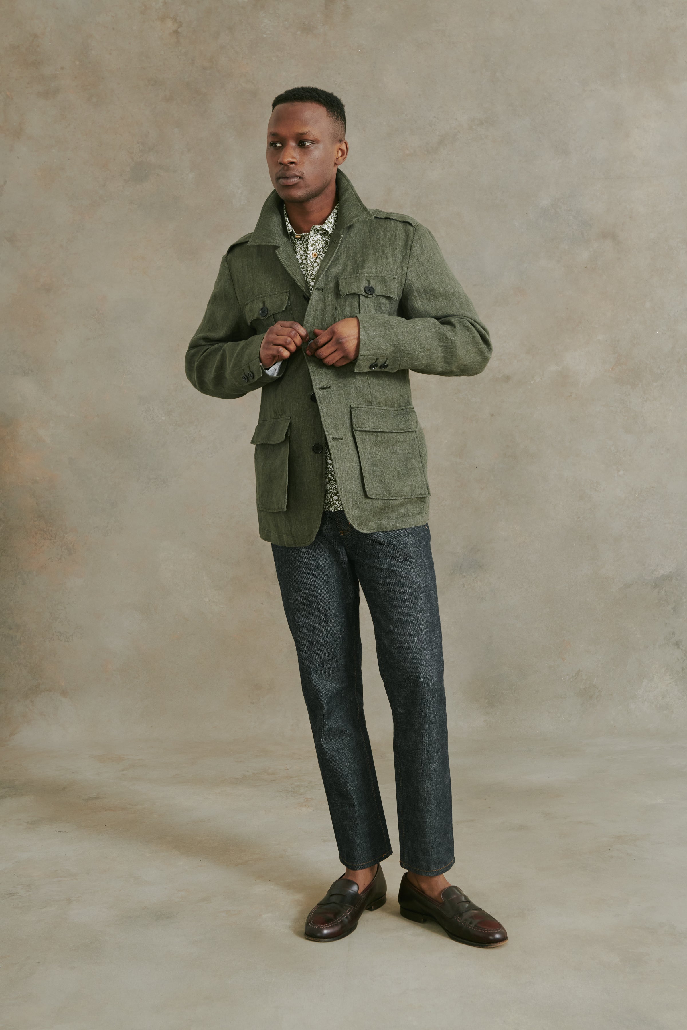 Safari Jacket for Men | Marlin Herringbone Safari Jacket in Olive